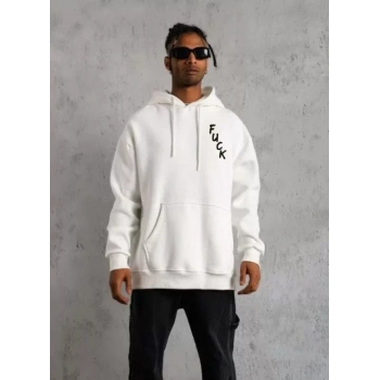 Biçomi Unisex Kapşonlu Uzun Kol Baskılı Sweetshirt - Beyaz