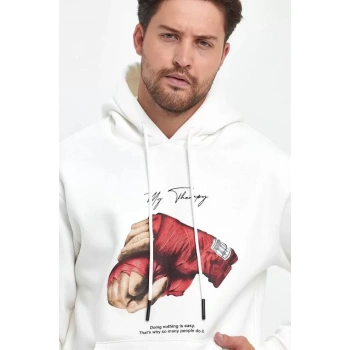 Biçomi Unisex Kapüşonlu Üç İplik Oversize Baskılı Sweatshirt - Beyaz