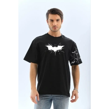 Biçomi Unisex Ön Ve Kol Baskılı Oversize T-shirt - Siyah