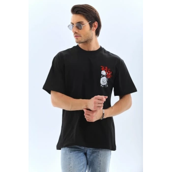 Biçomi Unisex Oversize Baskılı Bisiklet Yaka T-Shirt - Siyah