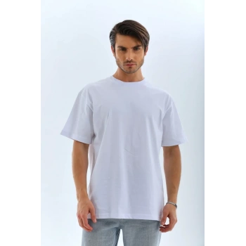 Biçomi Unisex Oversize Düz Bisiklet Yaka T-Shirt - Beyaz