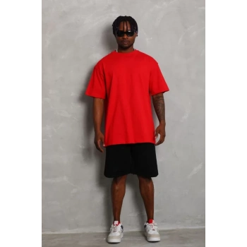 Biçomi Unisex Oversize Düz Bisiklet Yaka T-Shirt - Kırmızı