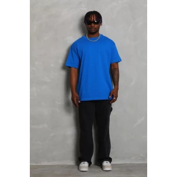 Biçomi Unisex Oversize Düz Bisiklet Yaka T-Shirt - Mavi