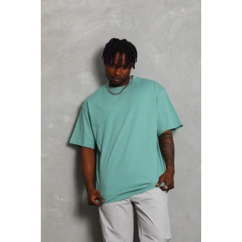 Biçomi Unisex Oversize Düz Bisiklet Yaka T-Shirt - Mint Yeşili