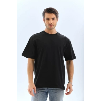 Biçomi Unisex Oversize Düz Bisiklet Yaka T-Shirt - Siyah
