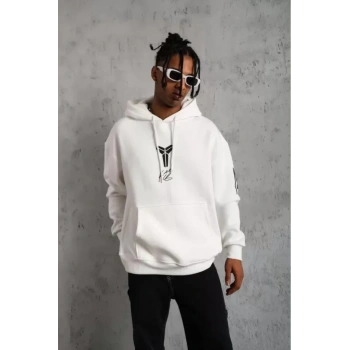 Biçomi Unisex Sırt Baskılı Kapüşonlu Üç İplik Oversize Sweatshirt - Beyaz