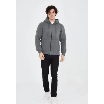 Biçomi Unisex Tam Fermuarlı Kapşonlu  SweatShirt - Füme