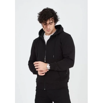 Biçomi Unisex Tam Fermuarlı Kapşonlu  SweatShirt - Siyah