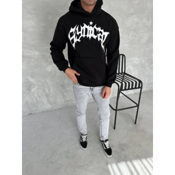 Biçomi Unisex Üç İplik Kapşonlu Baskılı SweatShirt - Siyah