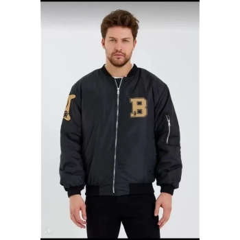 Biçomi Unisex Uzun Kol Baskılı Bomber Ceket - Siyah