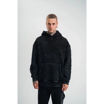 Biçomi Unisex Uzun Kol Kapşonlu Yıkamalı Nakışlı SweatShirt - Siyah