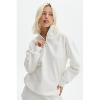 Biçomi Unisex Uzun Kol Yarım Farmuarlı Yakalı Basic SweatShirt - Beyaz