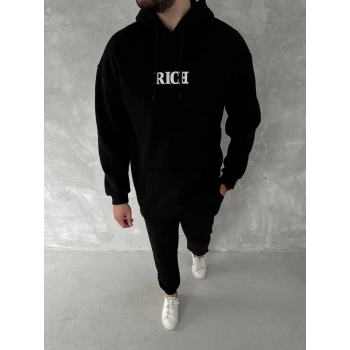 Biçomi Uzun Kol Kapşonlu Göğüs Baskılı SweatShirt - Siyah