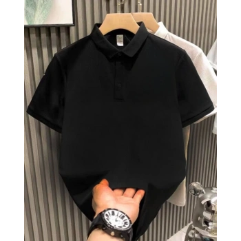 Biçomi Yakası Düğmeli Yakalı Pike Düz T-Shirt - Siyah