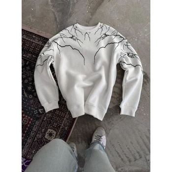 Biçomi Yıldırım Baskılı Bisiklet Yaka SweatShirt - Beyaz