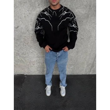Biçomi Yıldırım Baskılı Bisiklet Yaka SweatShirt - Siyah