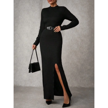 BİÇOMİ Yırtmaçlı jakarlı uzun elbise siyah A3793