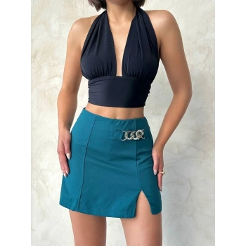 BİÇOMİ Zincirli şort etek petrol yeşili s24676