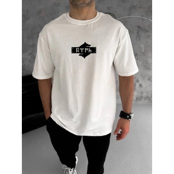 Bisiklet Yaka Baskılı Double Oversize T-Shirt - Beyaz -