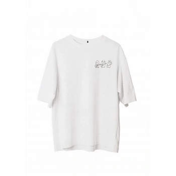 Bisiklet Yaka Baskılı Oversize T-Shirt - Beyaz -