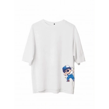 Bisiklet Yaka Baskılı Oversize T-Shirt - Beyaz -