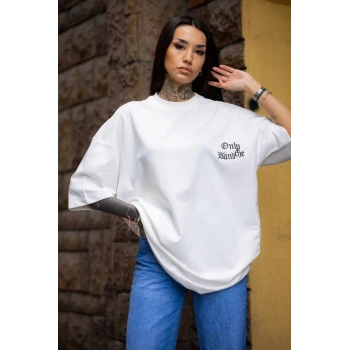 Bisiklet Yaka Baskılı Oversize T-Shirt - Beyaz -