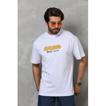 Bisiklet Yaka Baskılı Oversize T-Shirt - Beyaz -