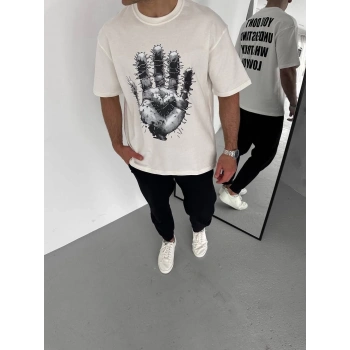 Bisiklet Yaka Baskılı Oversize T-Shirt - Beyaz -