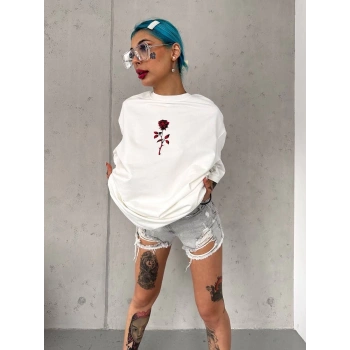 Bisiklet Yaka Baskılı Oversize T-Shirt - Beyaz -