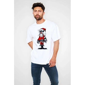 Bisiklet Yaka Baskılı Oversize T-Shirt - Beyaz -