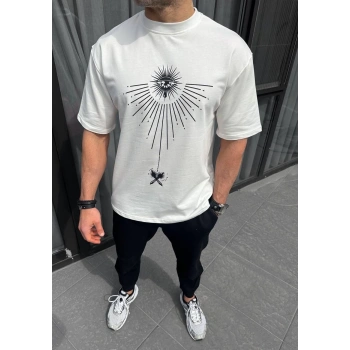 Bisiklet Yaka Baskılı Oversize T-Shirt - Beyaz -