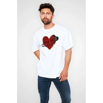 Bisiklet Yaka Baskılı Oversize T-Shirt - Beyaz -