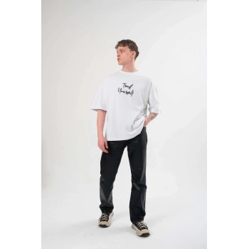 Bisiklet Yaka Baskılı Oversize T-Shirt - Beyaz -