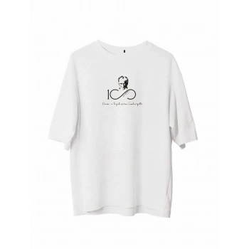 Bisiklet Yaka Baskılı Oversize T-Shirt - Beyaz -