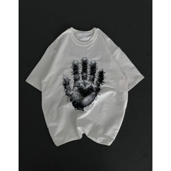 Bisiklet Yaka Baskılı Oversize T-Shirt - Beyaz -