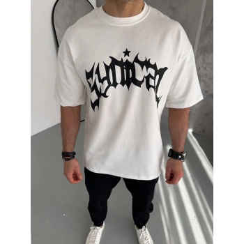 Bisiklet Yaka Baskılı Oversize T-Shirt - Beyaz -