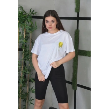 Bisiklet Yaka Baskılı Oversize T-Shirt - Beyaz -
