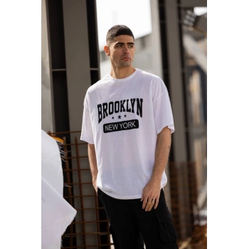 Bisiklet Yaka Baskılı Oversize T-Shirt - Beyaz -