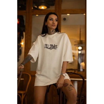 Bisiklet Yaka Baskılı Oversize T-Shirt - Beyaz -