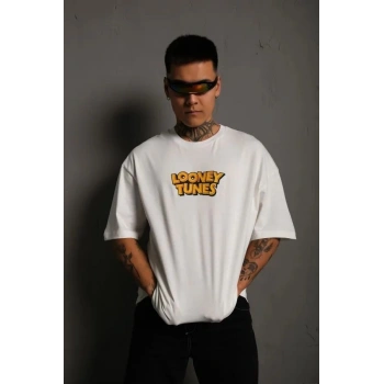 Bisiklet Yaka Baskılı Oversize T-Shirt - Beyaz -