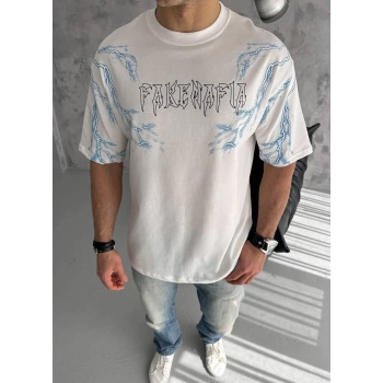 Bisiklet Yaka Baskılı Oversize T-Shirt - Beyaz