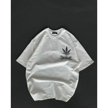 Bisiklet Yaka Baskılı Oversize T-Shirt - Beyaz -