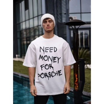 Bisiklet Yaka Baskılı Oversize T-Shirt - Beyaz