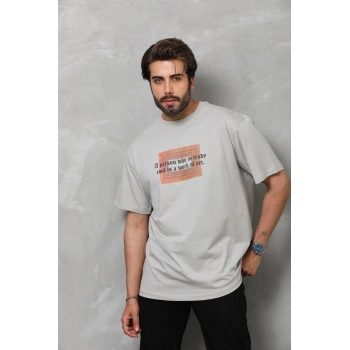 Bisiklet Yaka Baskılı Oversize T-Shirt - Gri -