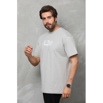 Bisiklet Yaka Baskılı Oversize T-Shirt - Gri -
