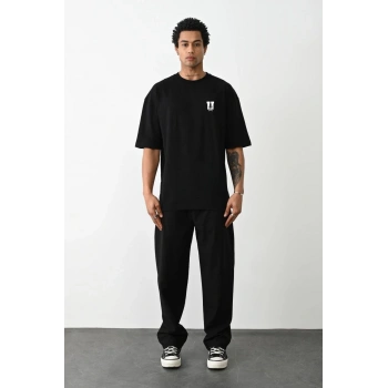 Bisiklet Yaka Baskılı Oversize T-Shirt - Siyah -