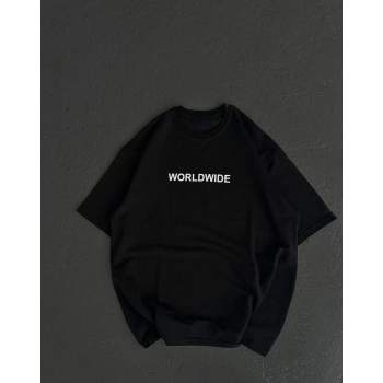 Bisiklet Yaka Baskılı Oversize T-Shirt - Siyah -