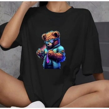 Bisiklet Yaka Baskılı Oversize T-Shirt - Siyah -