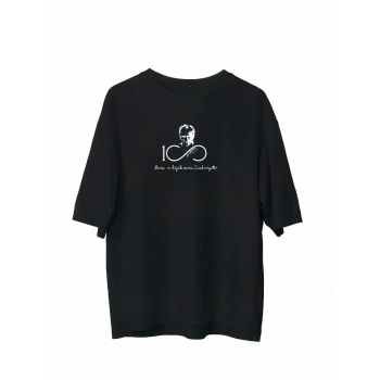 Bisiklet Yaka Baskılı Oversize T-Shirt - Siyah -