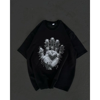 Bisiklet Yaka Baskılı Oversize T-Shirt - Siyah -